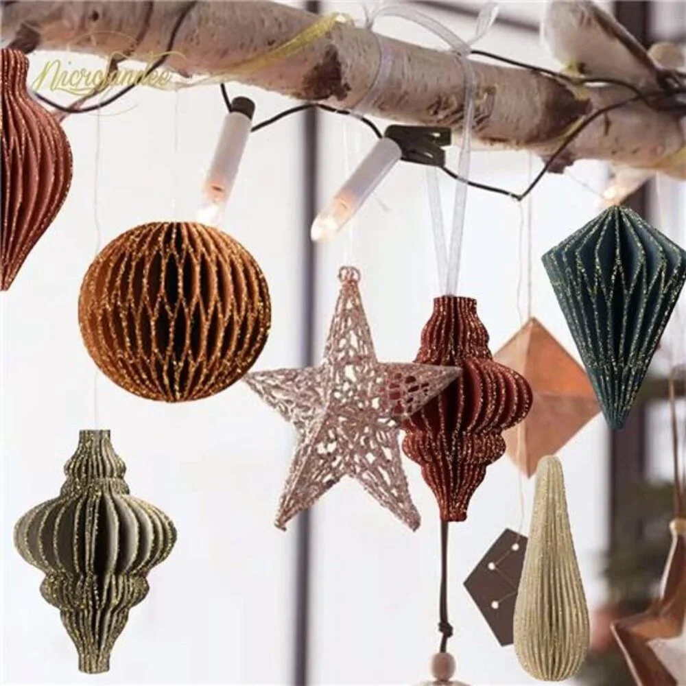 NEW West Elm 6 Piece Boho Glitter Paper Christmas Tree Ornaments Set Decor - 3
